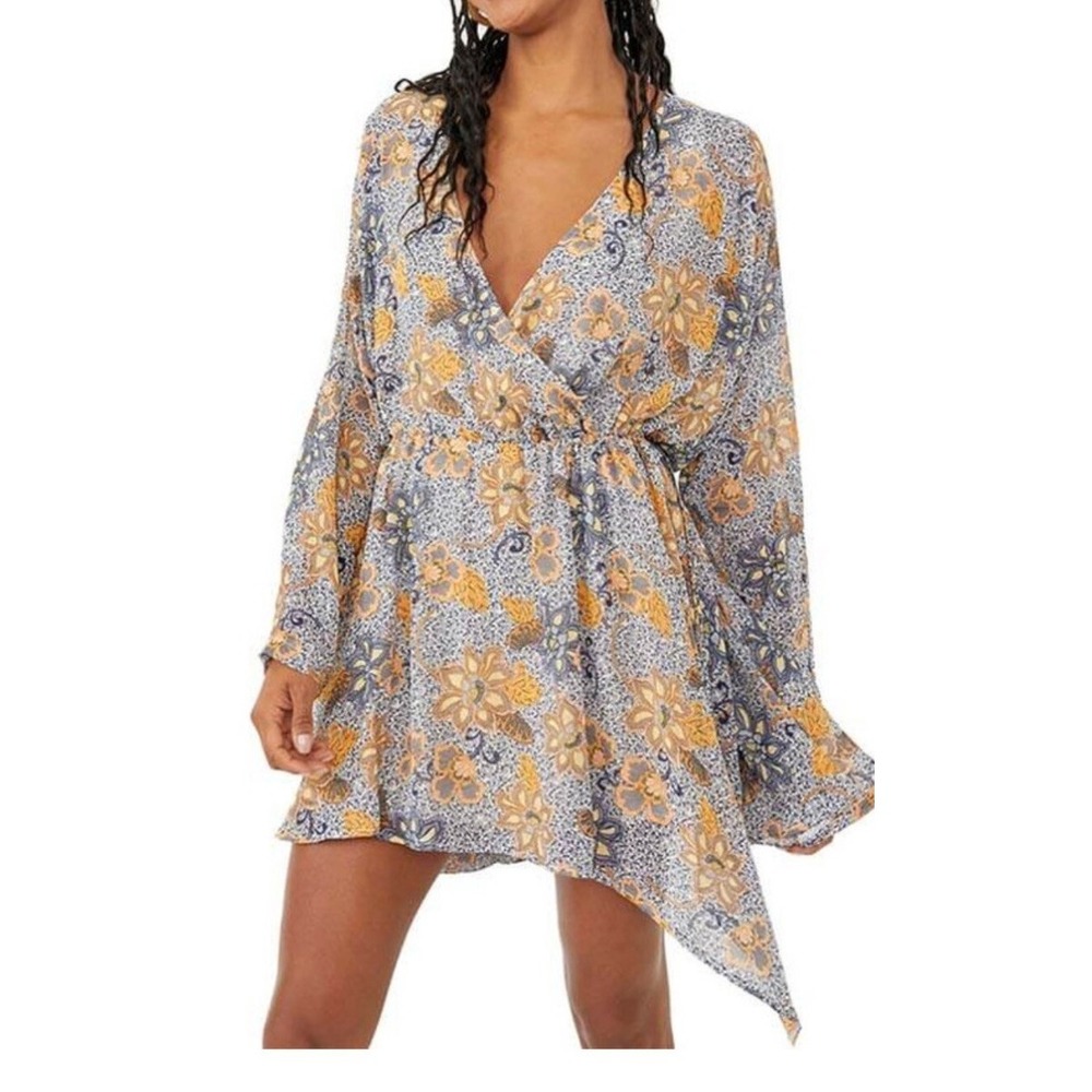 Free People Teegan Mini Dress Medium Blue Floral Wrap V-Neck Boho Kimono Sleeve